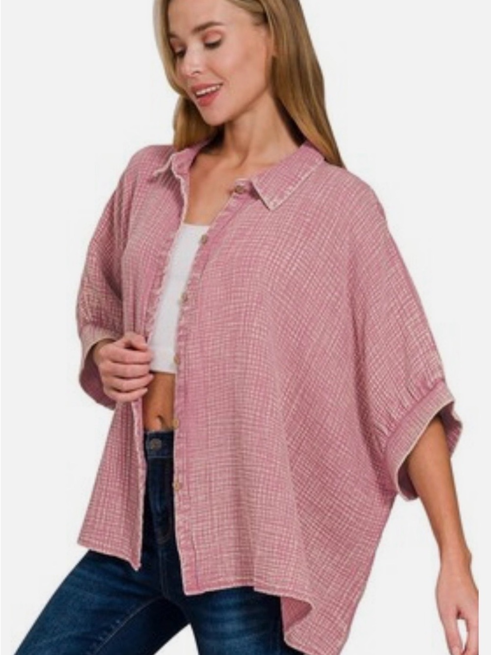 #976 Zenana Outfitters NWOT. Double Gauze Washed, Pink Waffle Button-Front Shirt